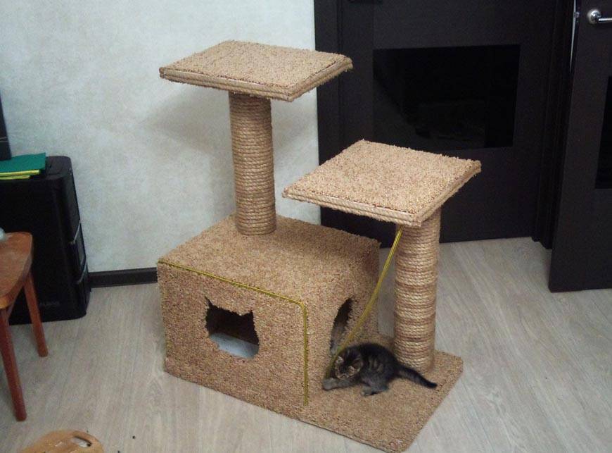 Когтеточка для кошек: столбики, угловые, из картона, дерева, домиком, как сделать своими руками игровой комплекс - фото, схема